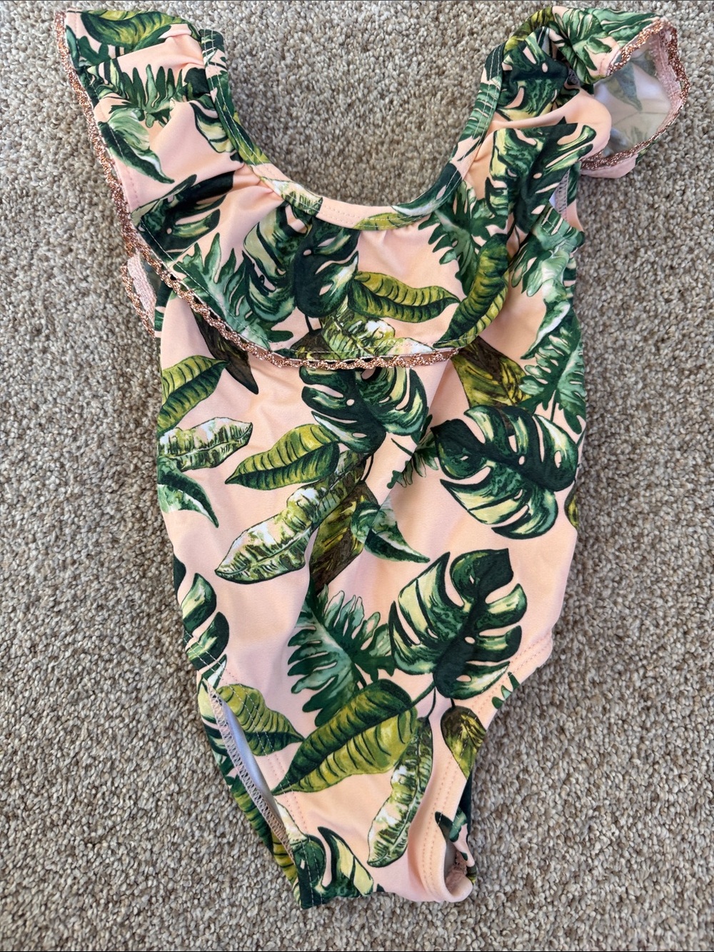 Janie and Jack Pink One-Piece Swimsuit with Green Leaf Print
